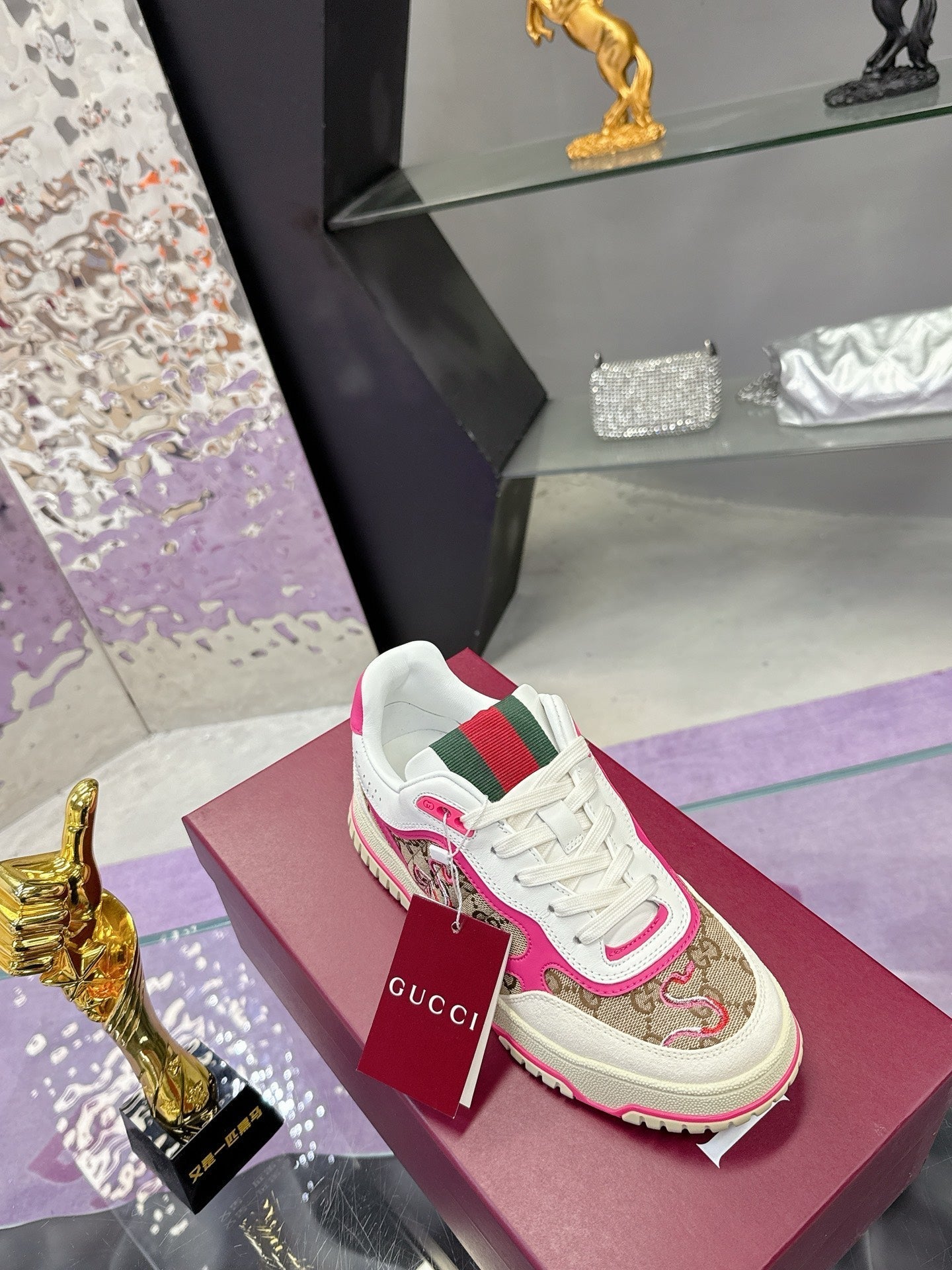 GG Men's 25 Snake Sneaker Brown Pink Cowhide 574716