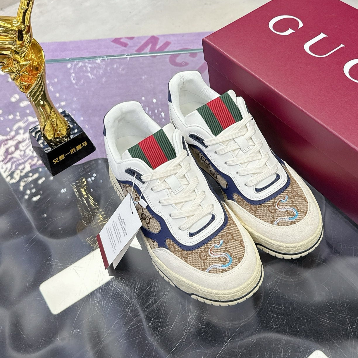 GG Men's 25 Snake Sneaker Brown Blue Cowhide 574715