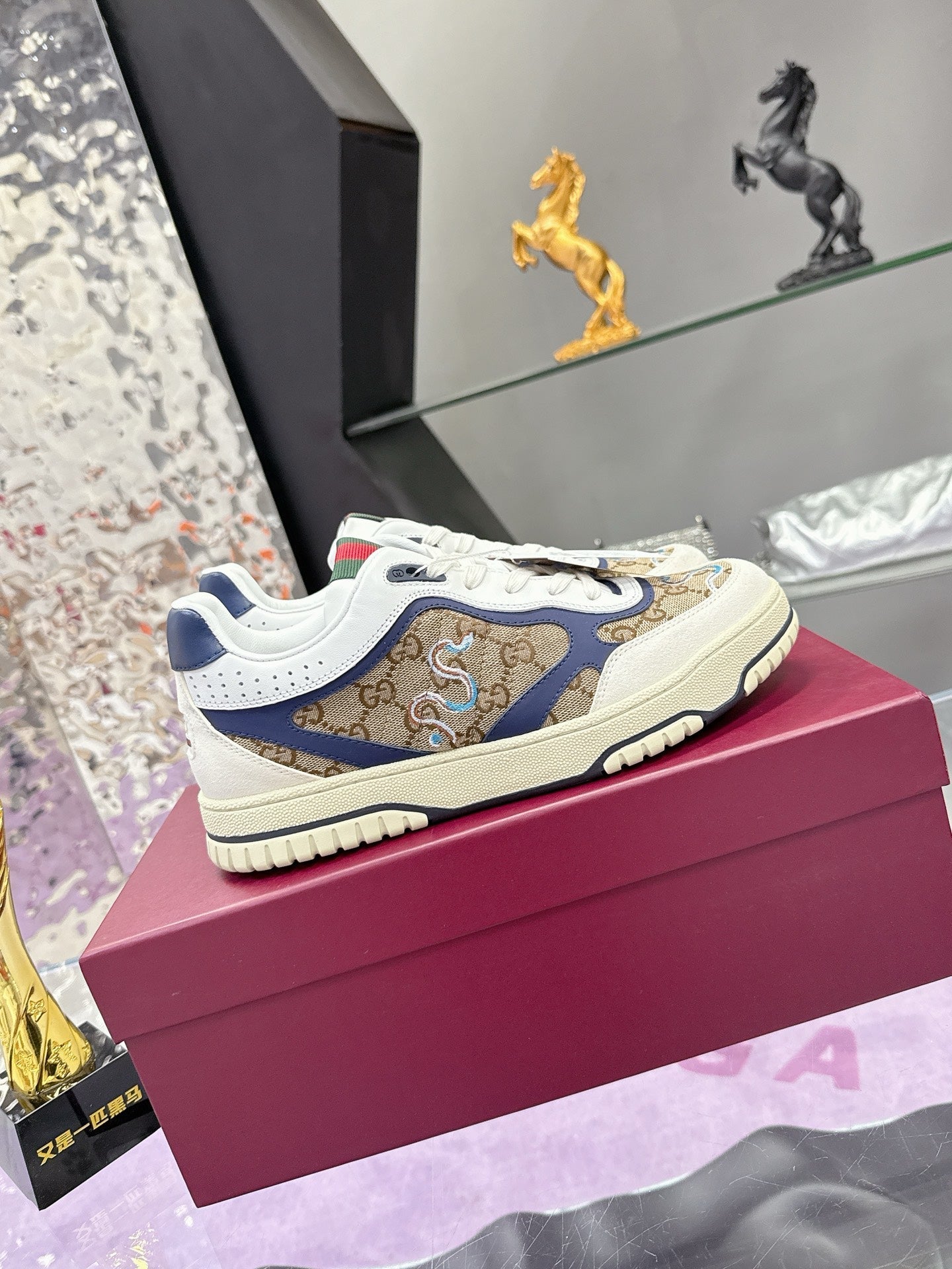 GG Men's 25 Snake Sneaker Brown Blue Cowhide 574715