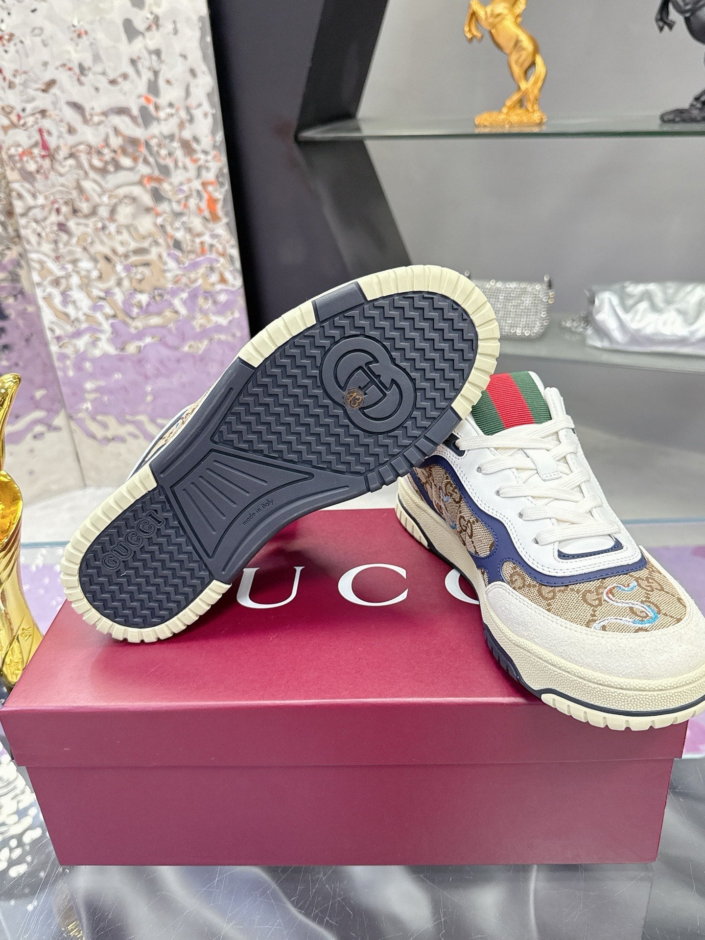 GG Men's 25 Snake Sneaker Brown Blue Cowhide 574715