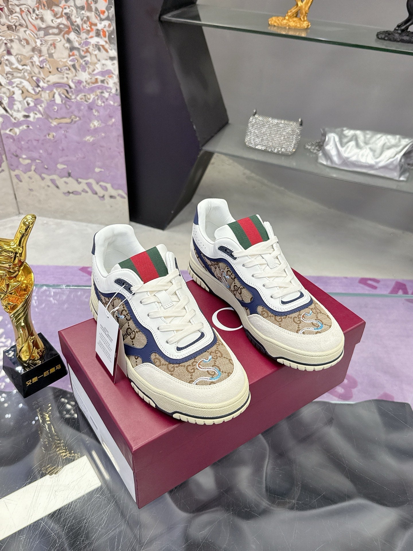 GG Men's 25 Snake Sneaker Brown Blue Cowhide 574715