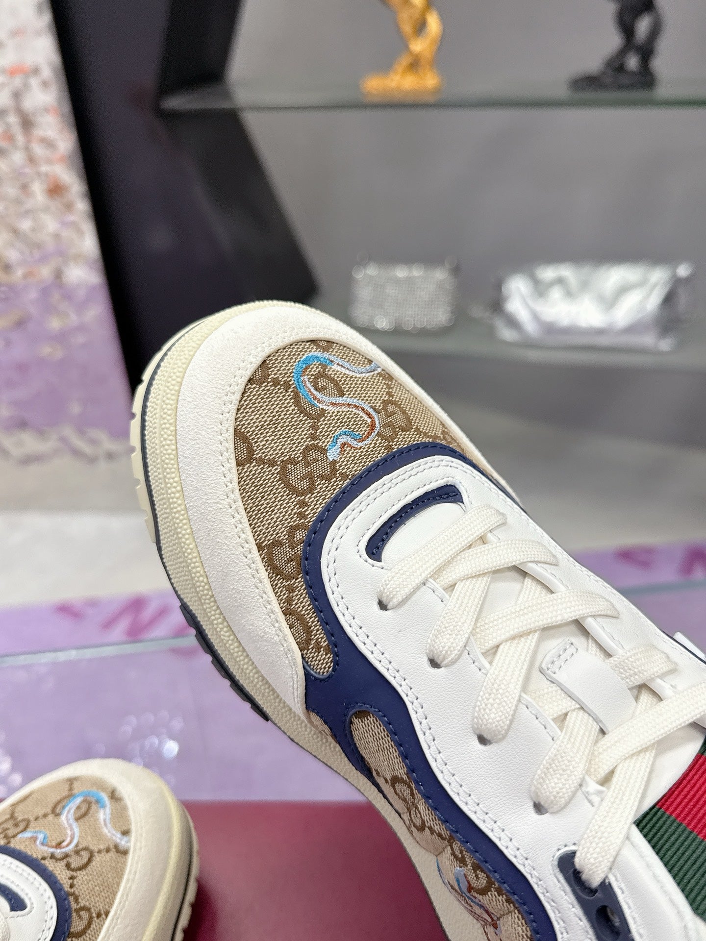 GG Men's 25 Snake Sneaker Brown Blue Cowhide 574715