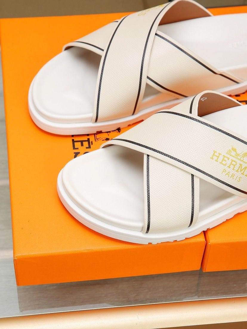 HM Men's Cross Strap Slide Beige Cowhide 544097