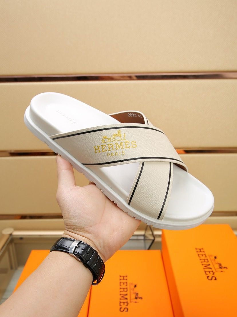 HM Men's Cross Strap Slide Beige Cowhide 544097