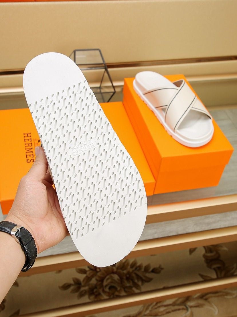 HM Men's Cross Strap Slide Beige Cowhide 544097