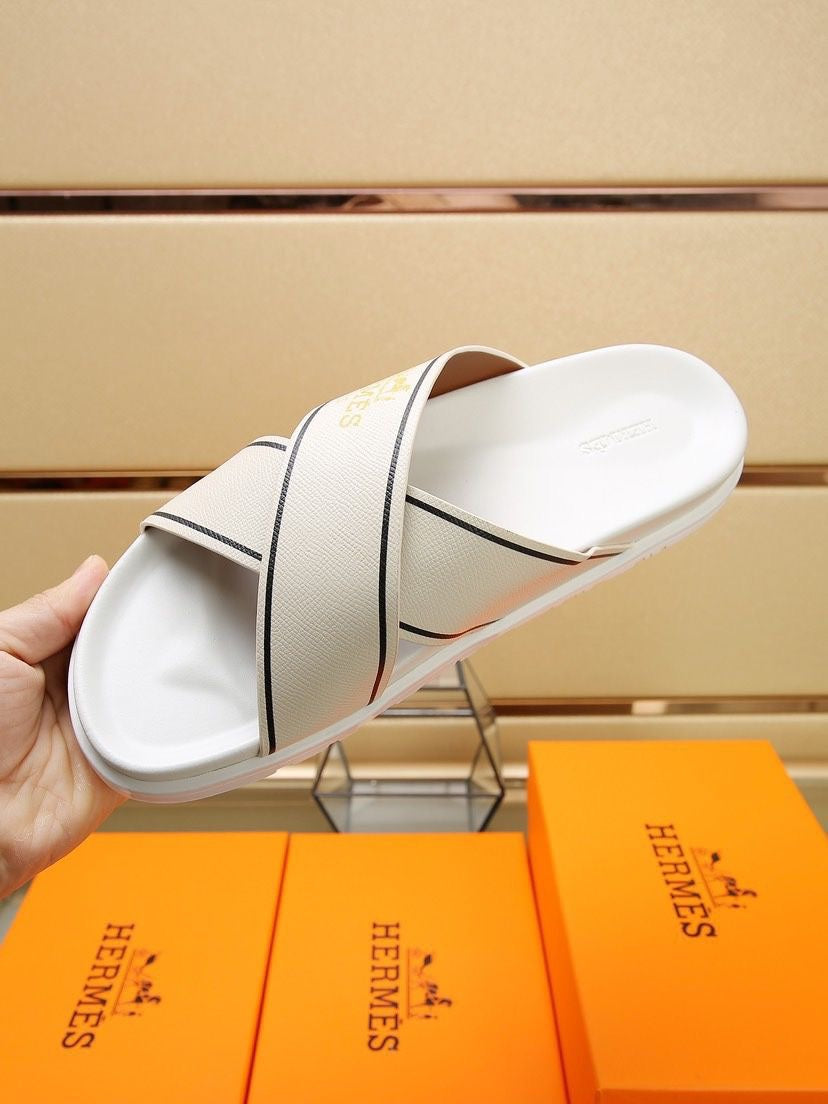 HM Men's Cross Strap Slide Beige Cowhide 544097