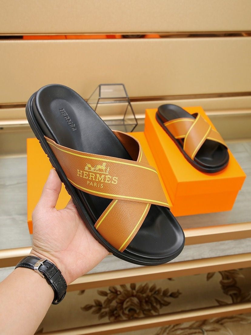 HM Men's Cross Strap Slide Orange Cowhide 544098