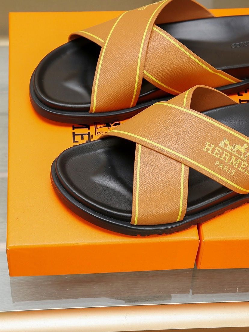 HM Men's Cross Strap Slide Orange Cowhide 544098