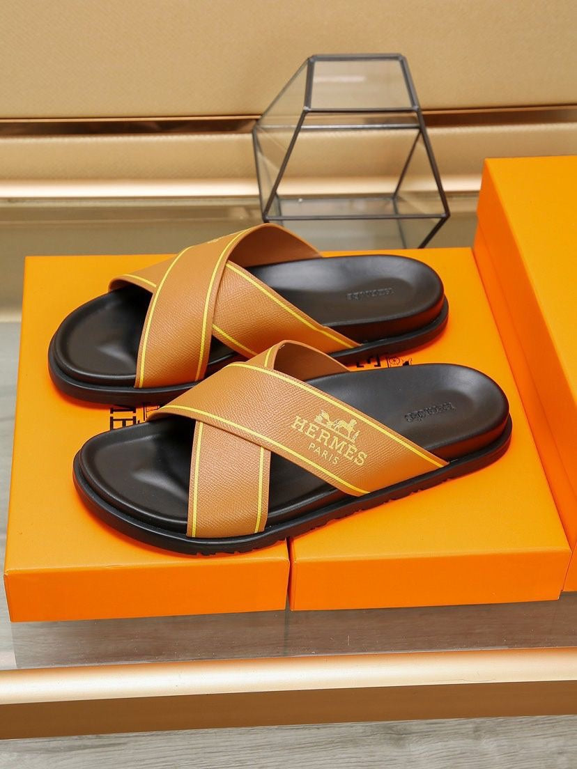 HM Men's Cross Strap Slide Orange Cowhide 544098