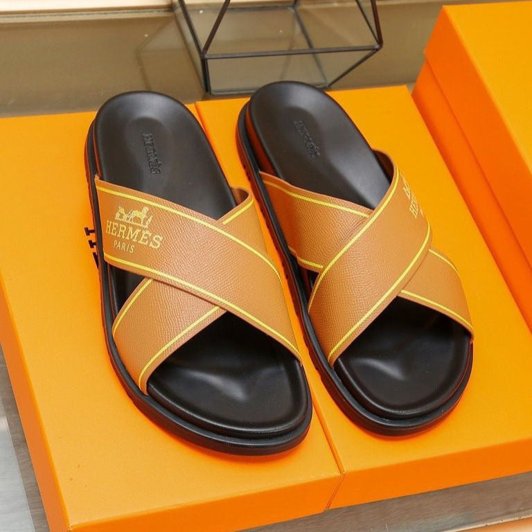 HM Men's Cross Strap Slide Orange Cowhide 544098