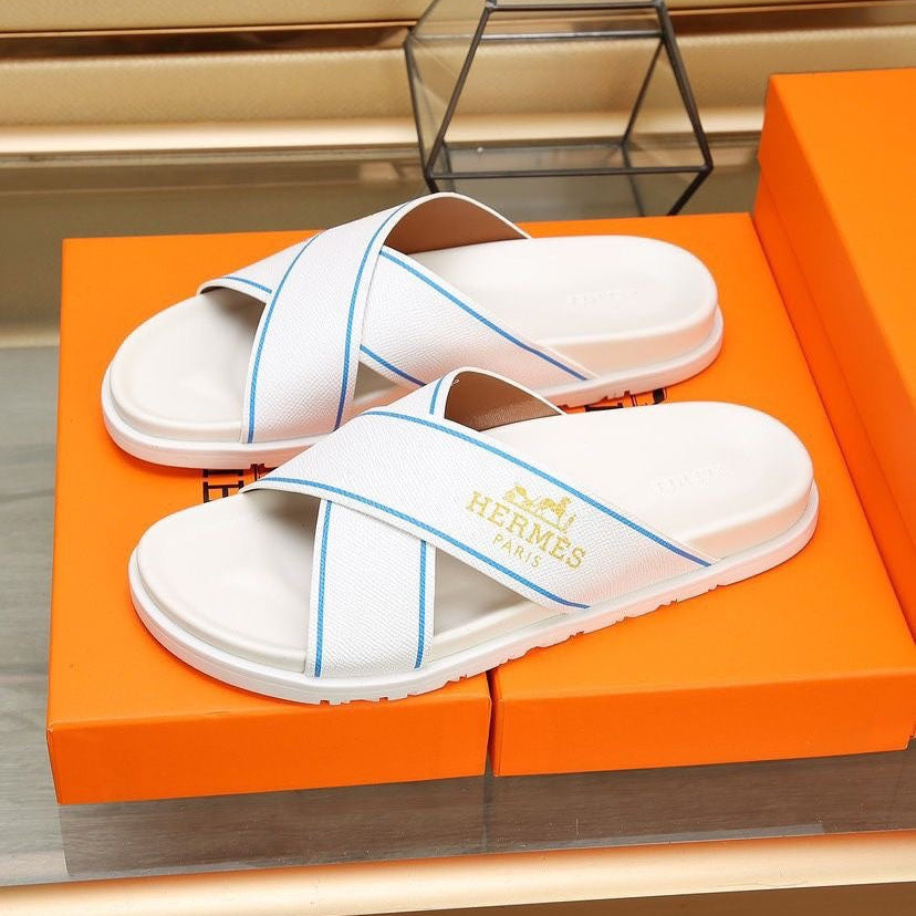 HM Men's Cross Strap Slide White Cowhide 544099