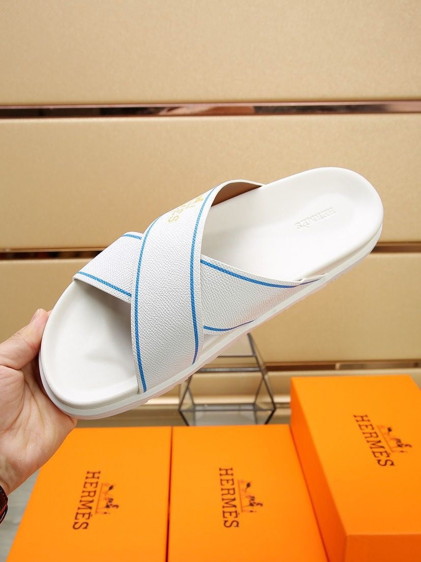 HM Men's Cross Strap Slide White Cowhide 544099