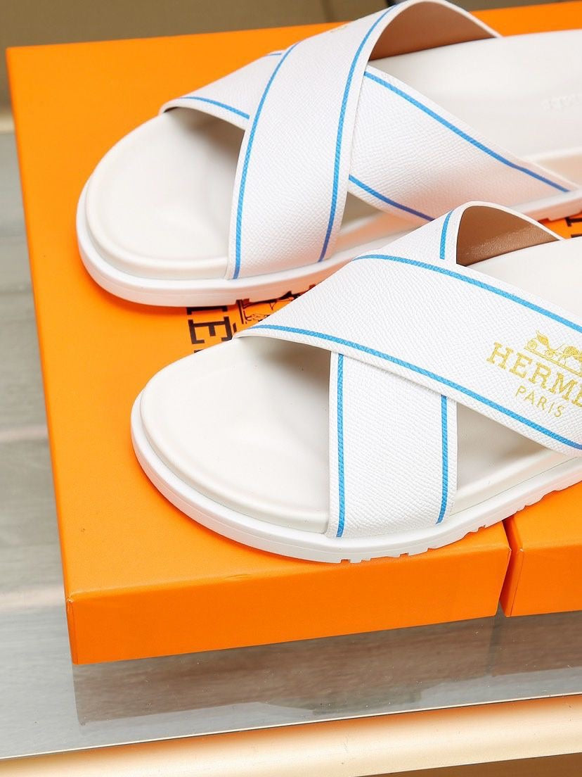 HM Men's Cross Strap Slide White Cowhide 544099