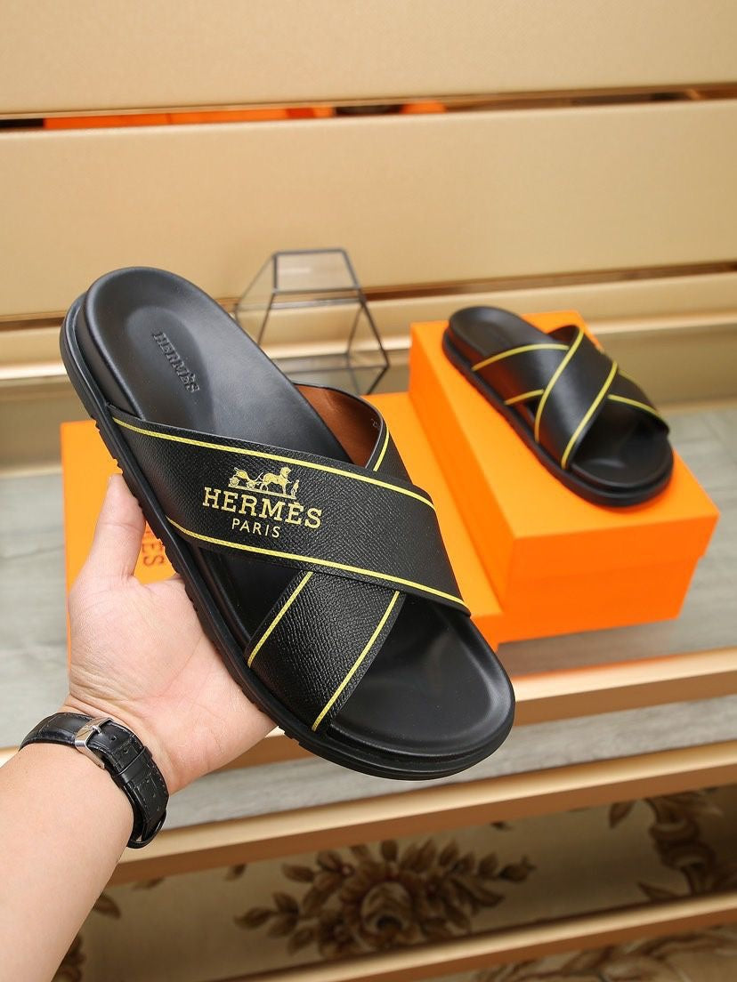 HM Men's Cross Strap Slide Black Cowhide 544100