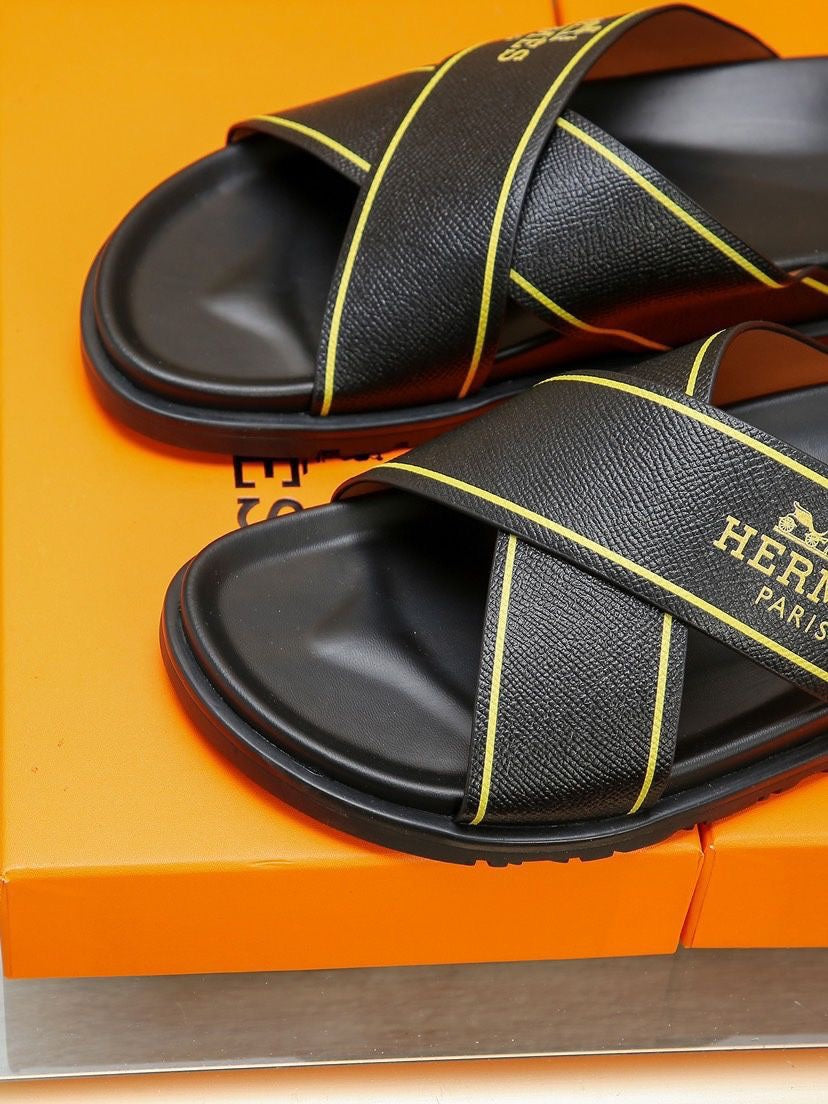 HM Men's Cross Strap Slide Black Cowhide 544100