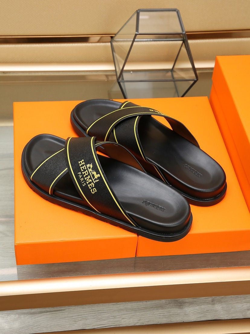 HM Men's Cross Strap Slide Black Cowhide 544100