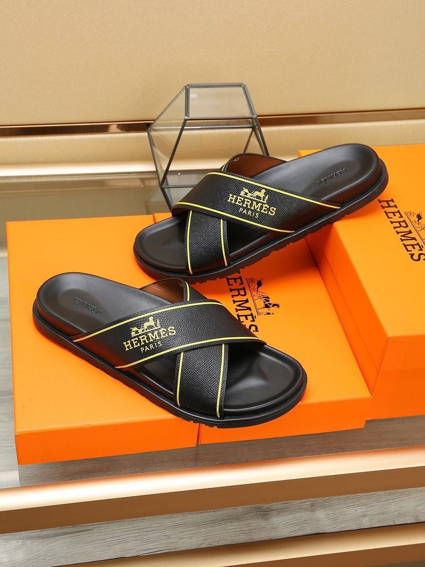 HM Men's Cross Strap Slide Black Cowhide 544100