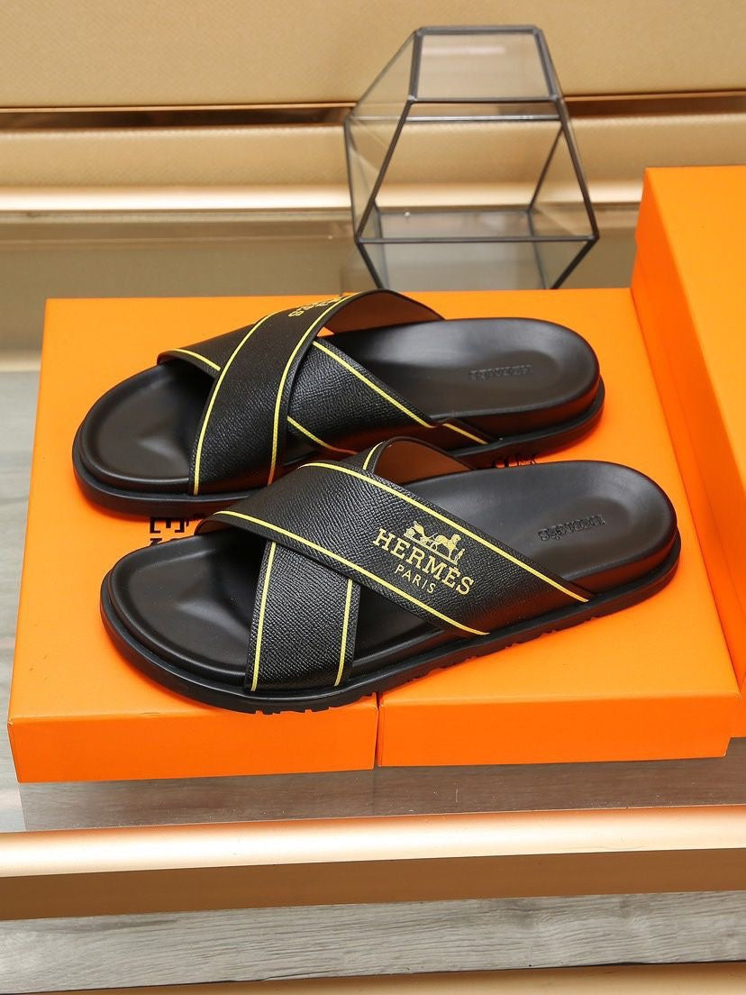 HM Men's Cross Strap Slide Black Cowhide 544100