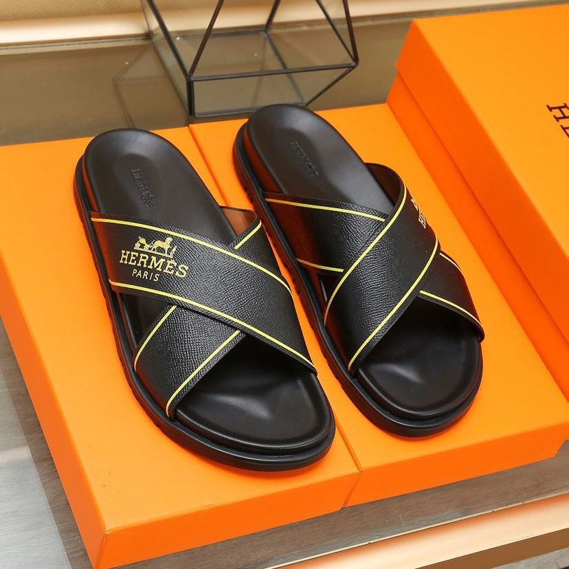 HM Men's Cross Strap Slide Black Cowhide 544100