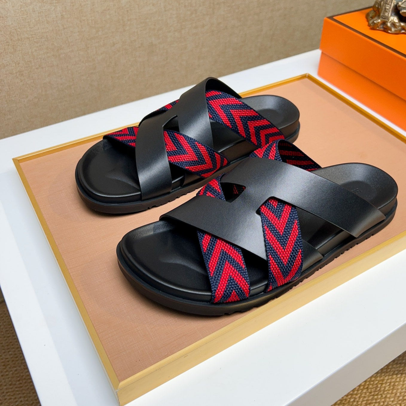 HM Men's Kazimir Sandals Black Red Calfskin 735741