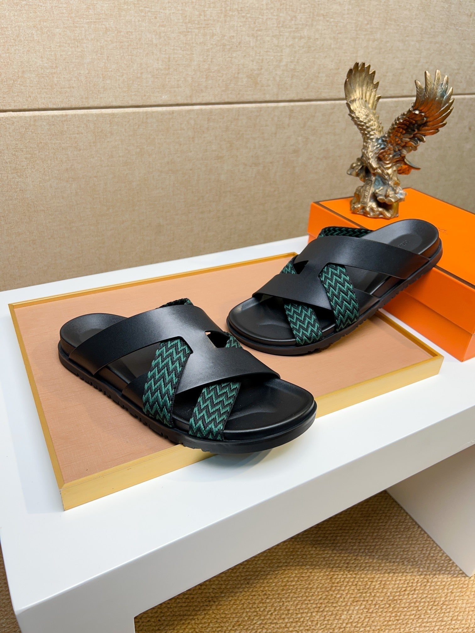 HM Men's Kazimir Sandals Black Green Calfskin 735742