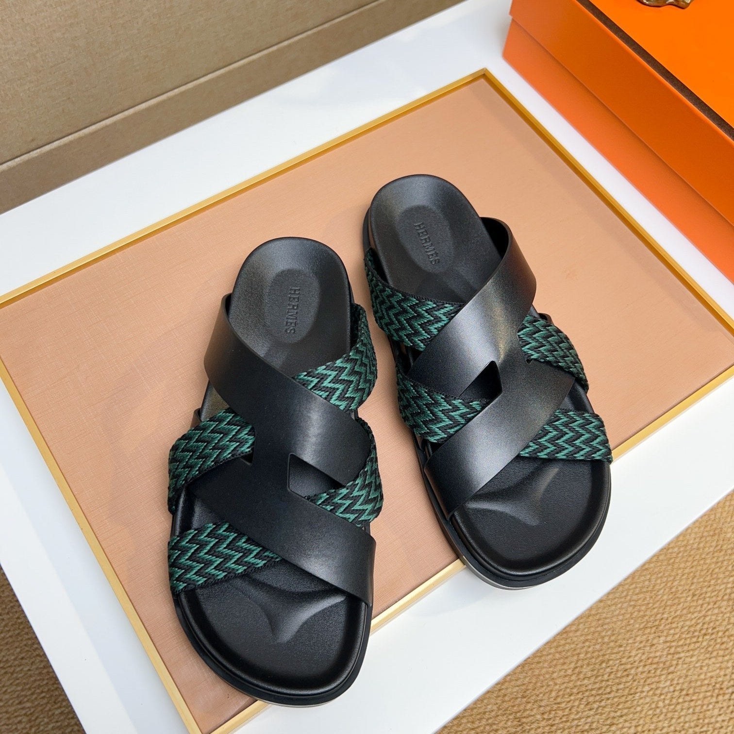 HM Men's Kazimir Sandals Black Green Calfskin 735742