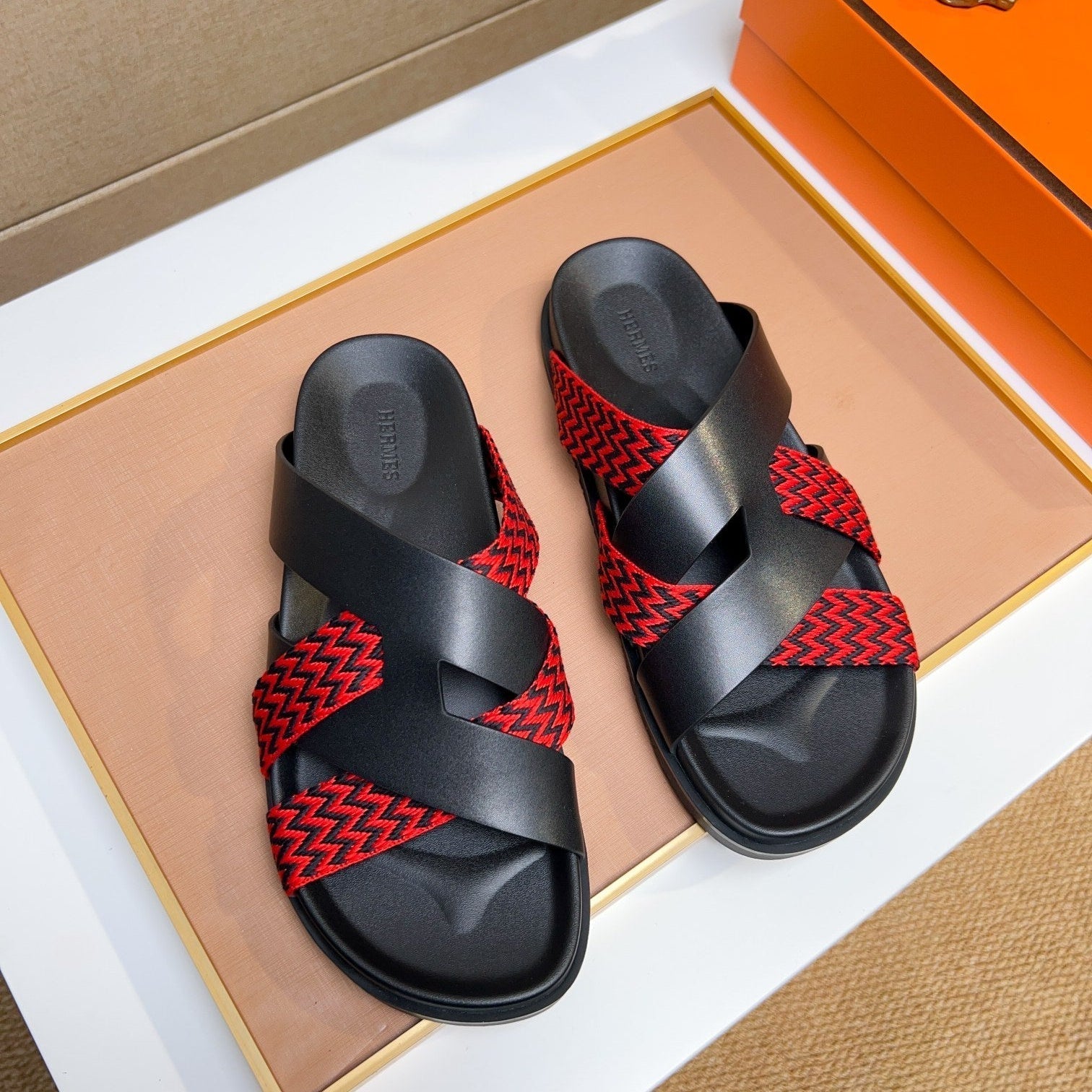 HM Men's Kazimir Sandals Black Red Calfskin 735748