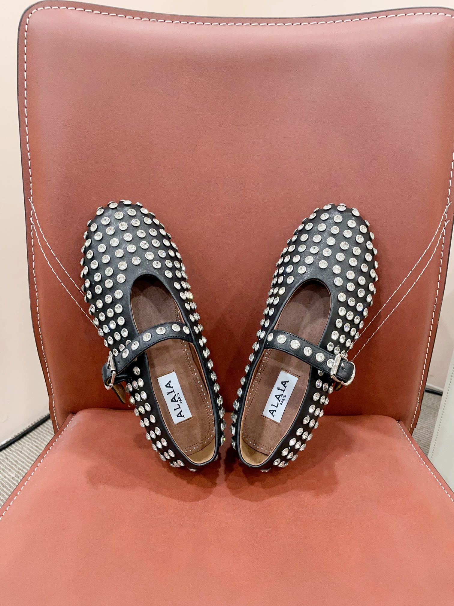 ALAIA MARY JANE SHOES IN BLACK LAMBKIN ATTACH RHINSTONES
