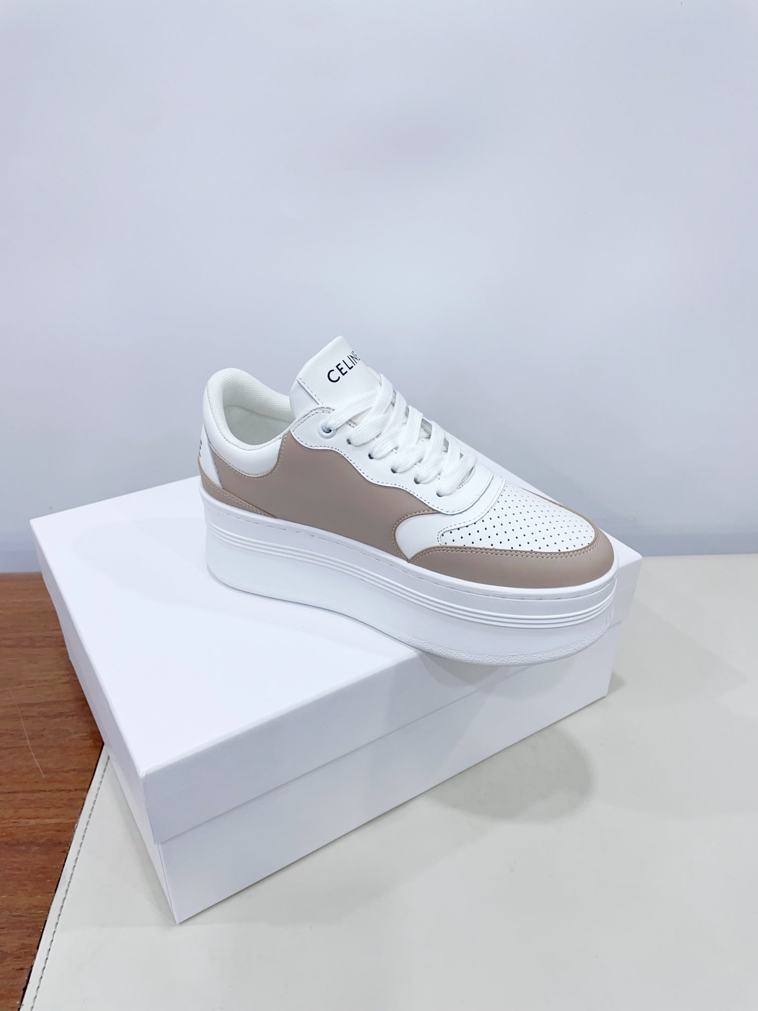 CELINE 25C Block Sneaker White mix Khaki Brown Calfskin 231996