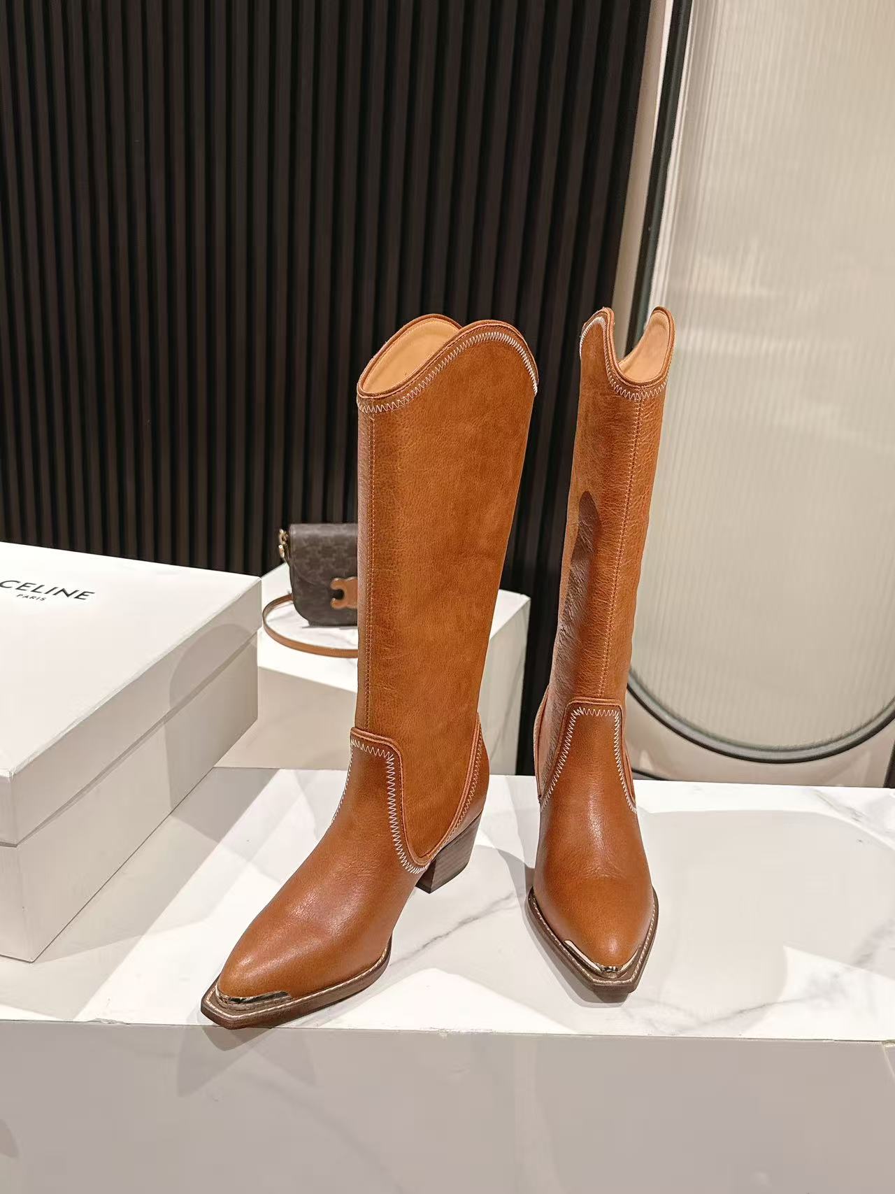 CELINE 25 Mid Calf Cowboy Boots Caramel Brown Cowhide