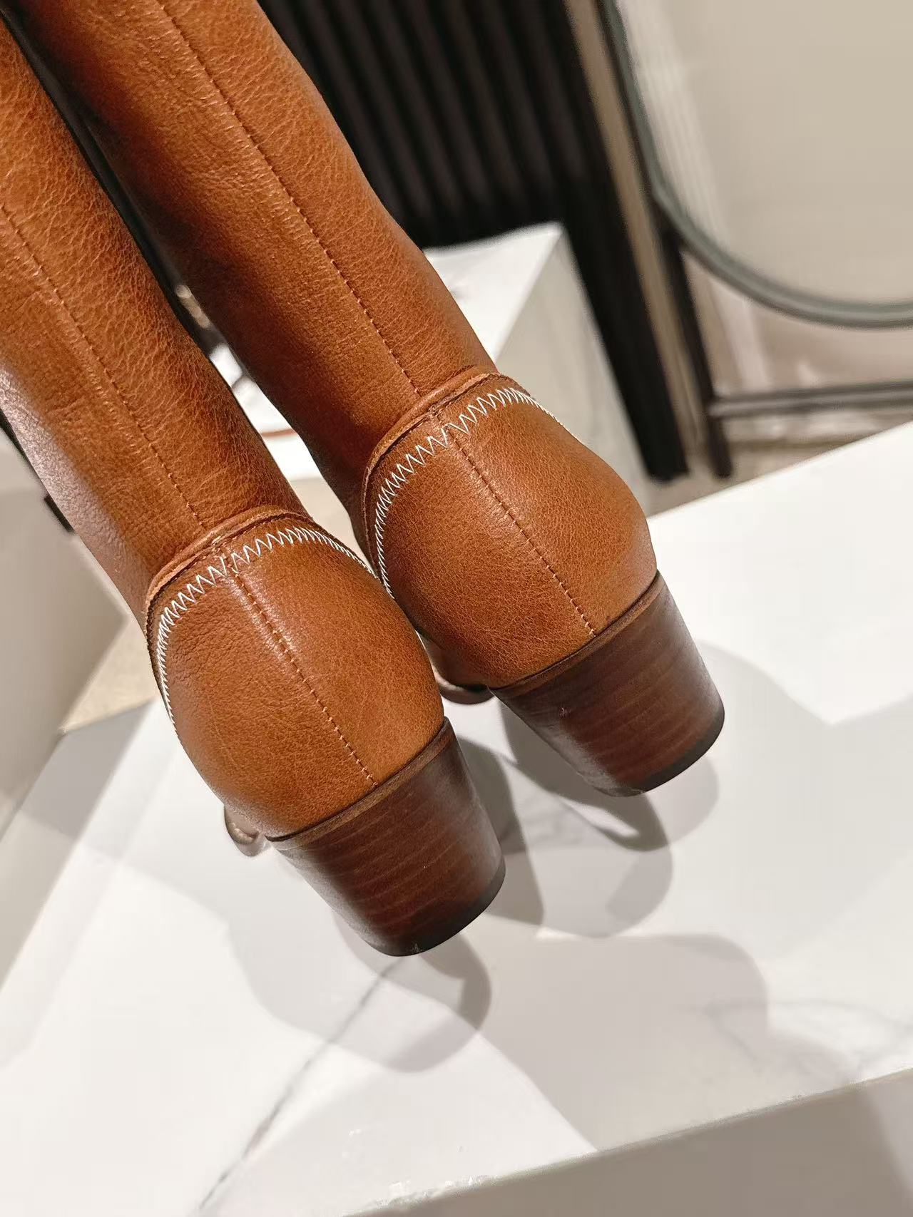 CELINE 25 Mid Calf Cowboy Boots Caramel Brown Cowhide