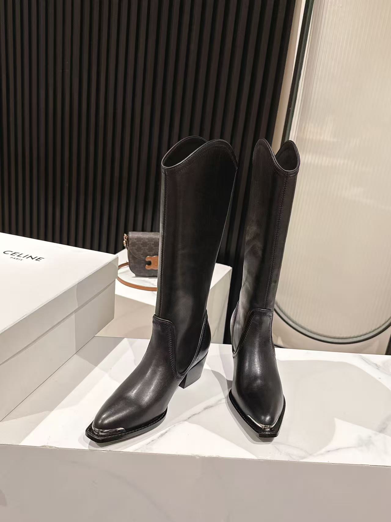CELINE 25 Mid Calf Cowboy Boots Black Calfskin