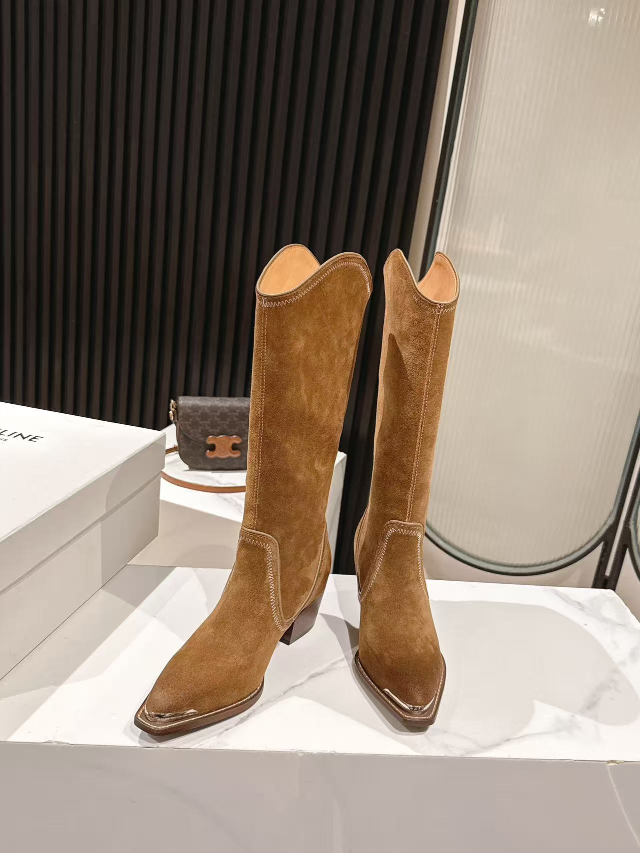 CELINE 25 Mid Calf Cowboy Boots Brown Suede 434425