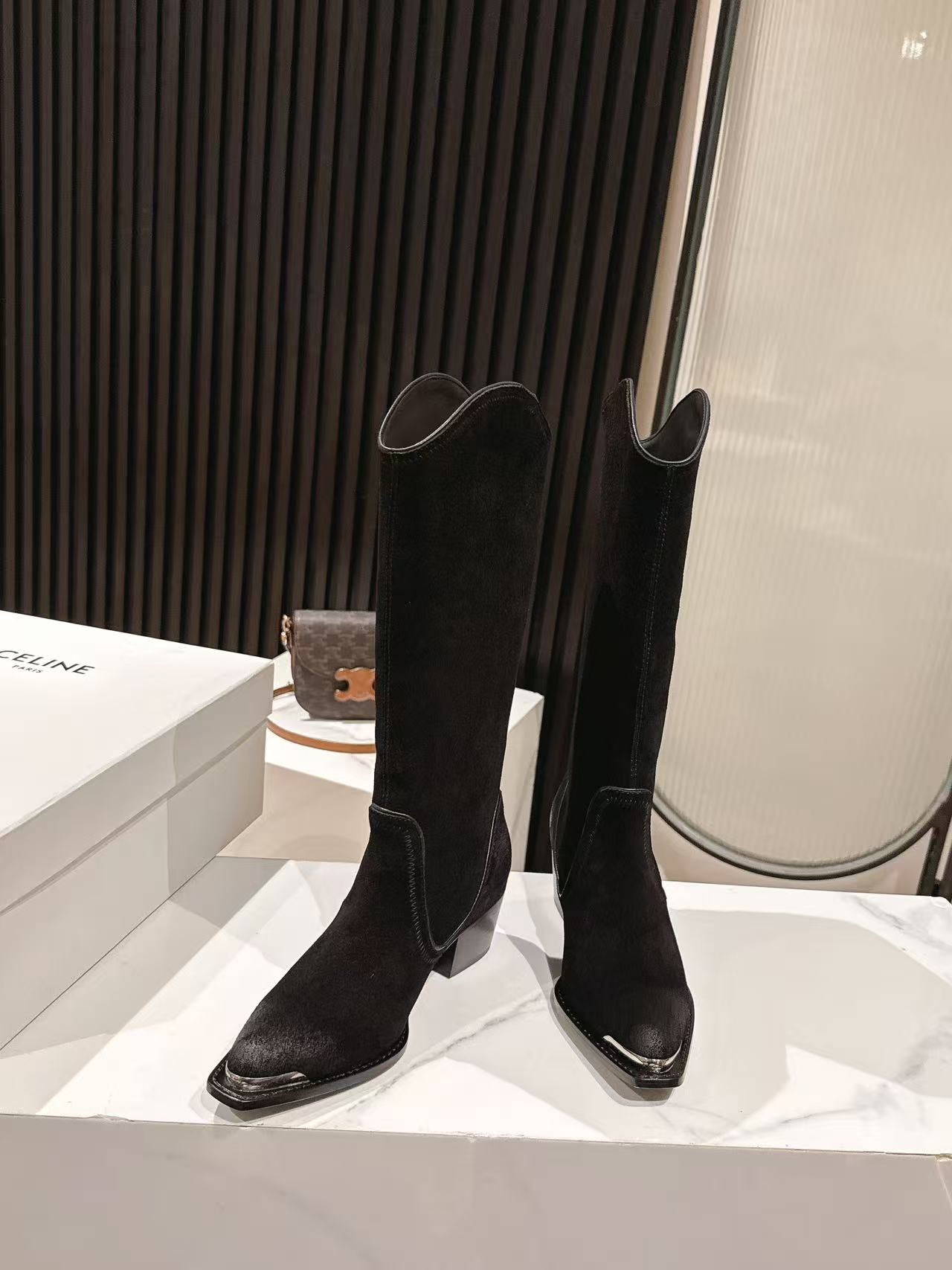 CELINE 25 Mid Calf Cowboy Boots Black Suede 434426