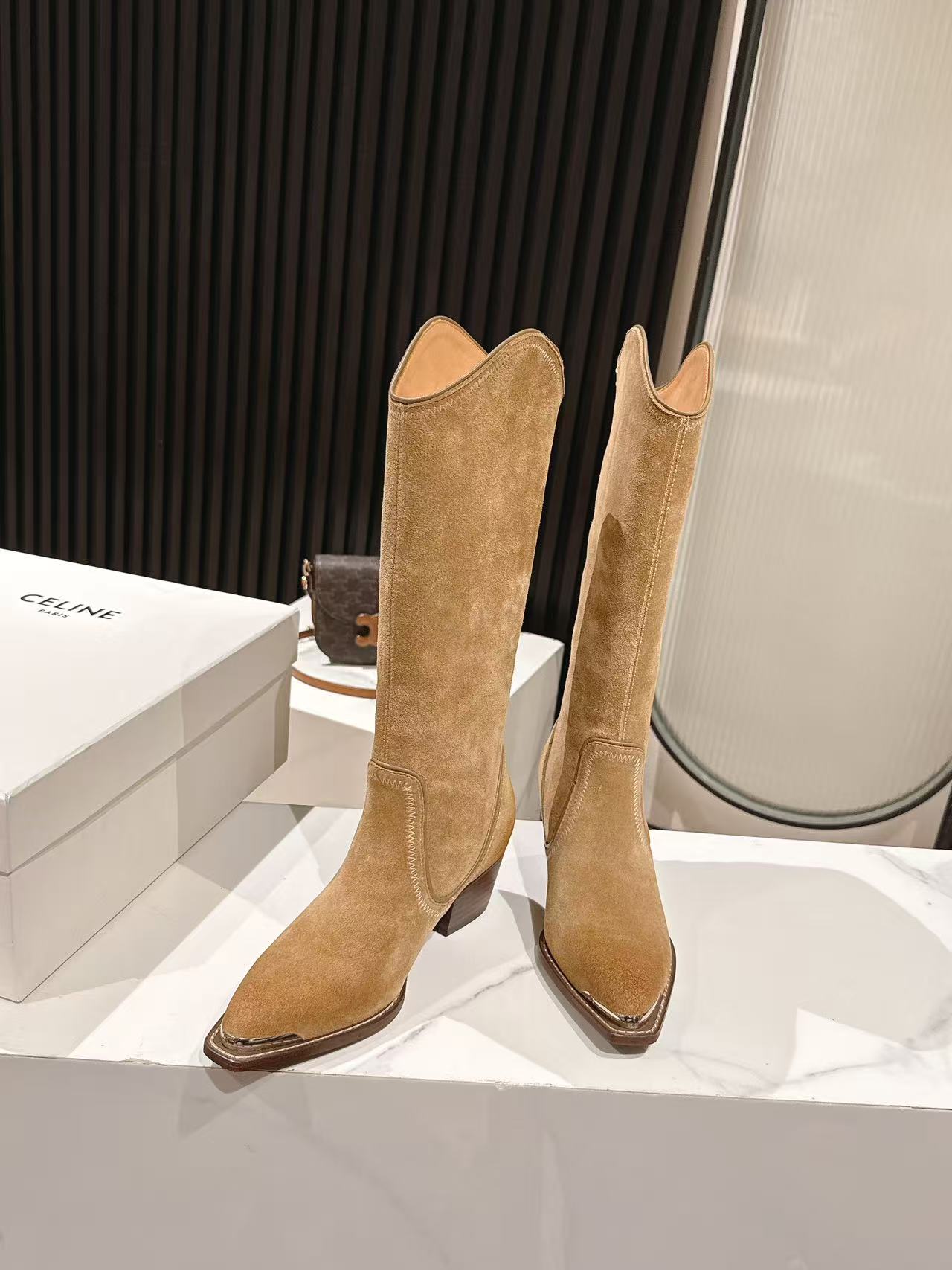 CELINE 25 Mid Calf Cowboy Boots Light Brown Suede