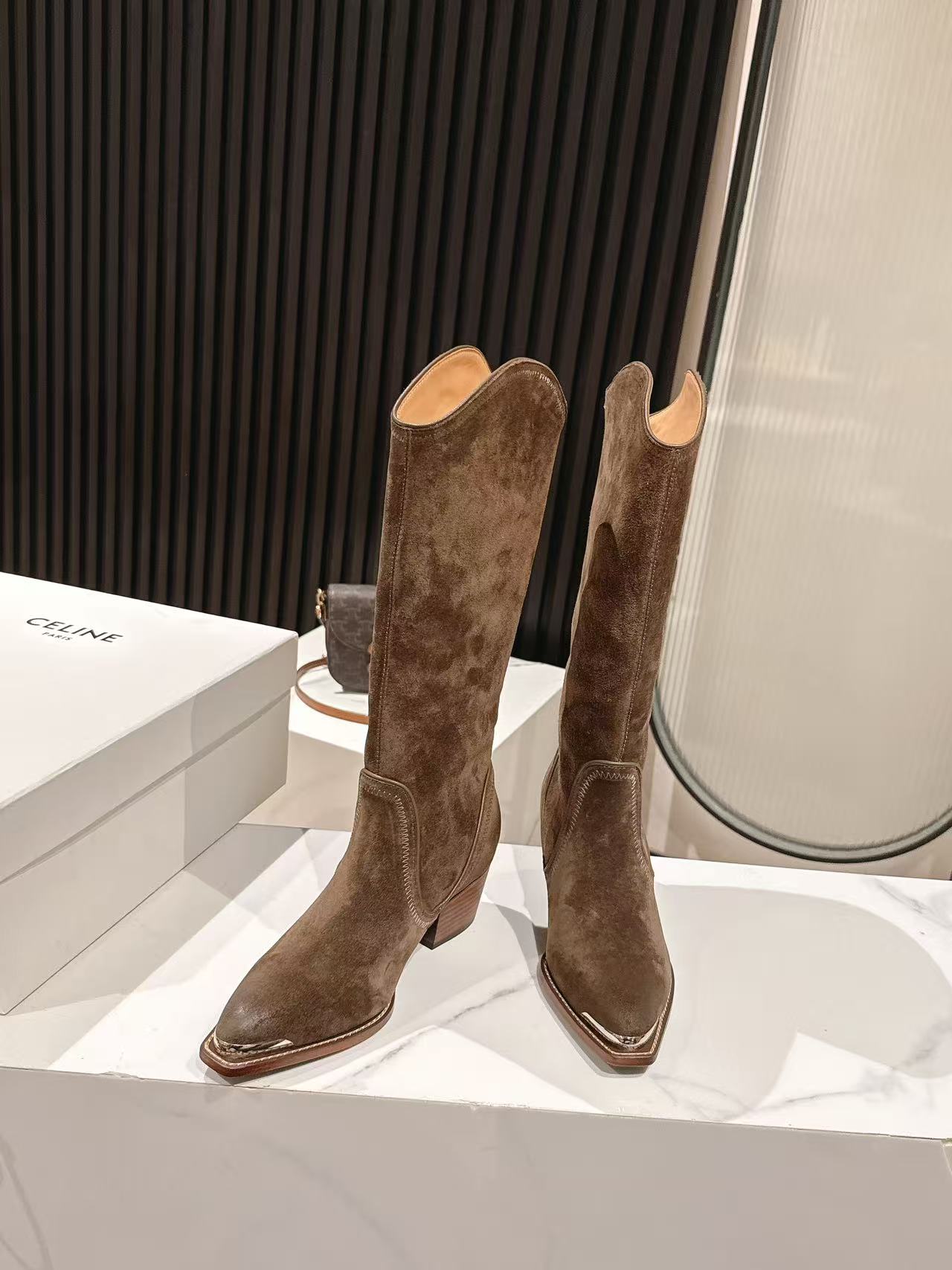 CELINE 25 Mid Calf Cowboy Boots Dark Brown Suede