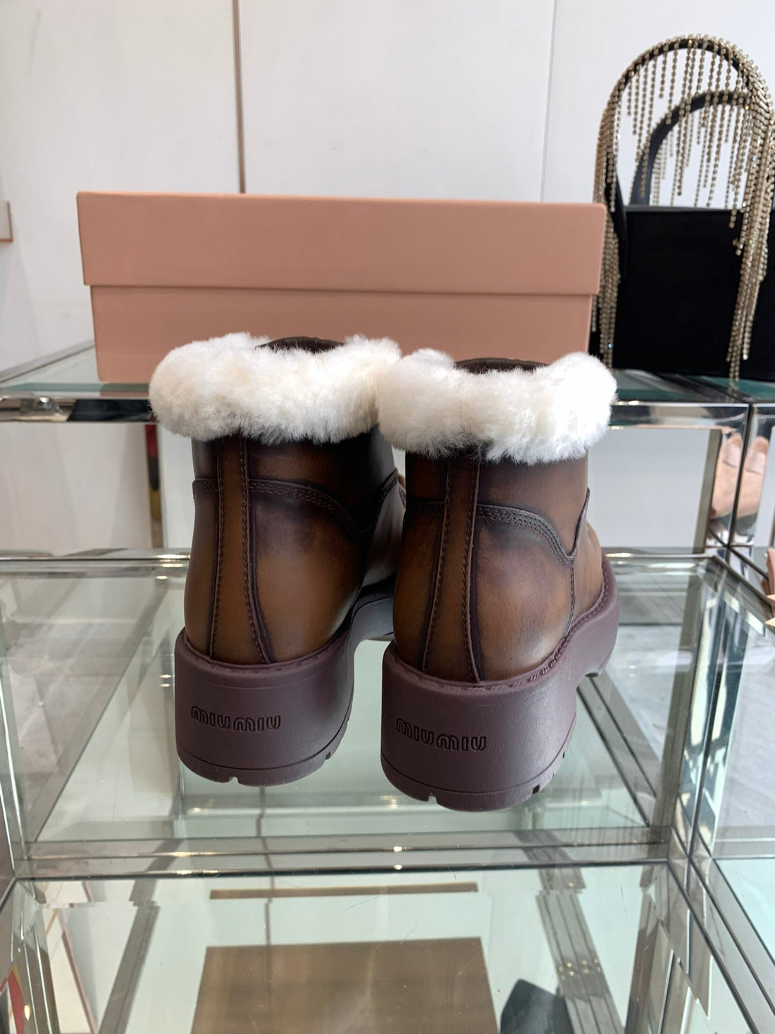 Miu Ankle Boots Earth Brown Open-Hemmed Cowhide