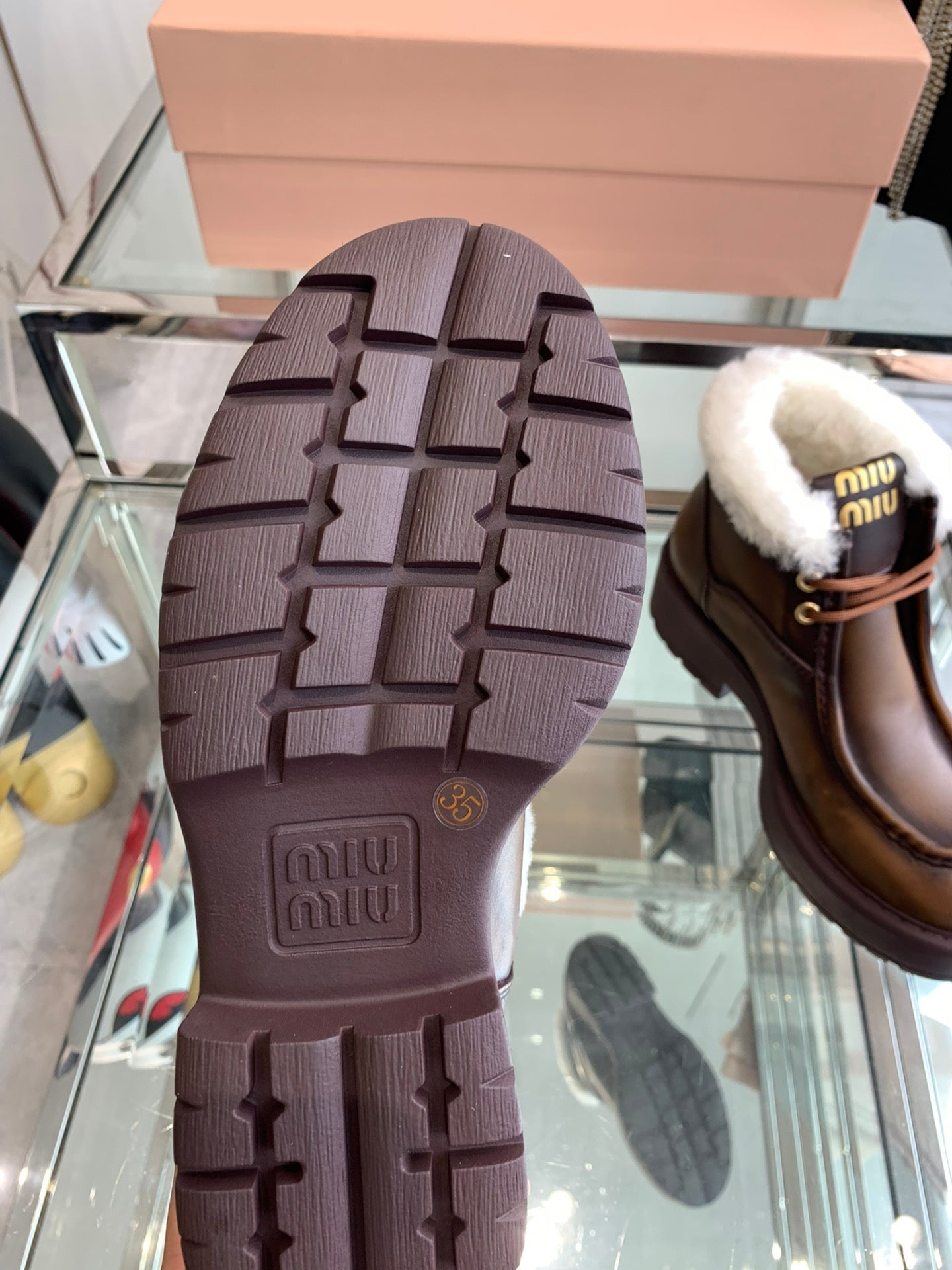 Miu Ankle Boots Earth Brown Open-Hemmed Cowhide