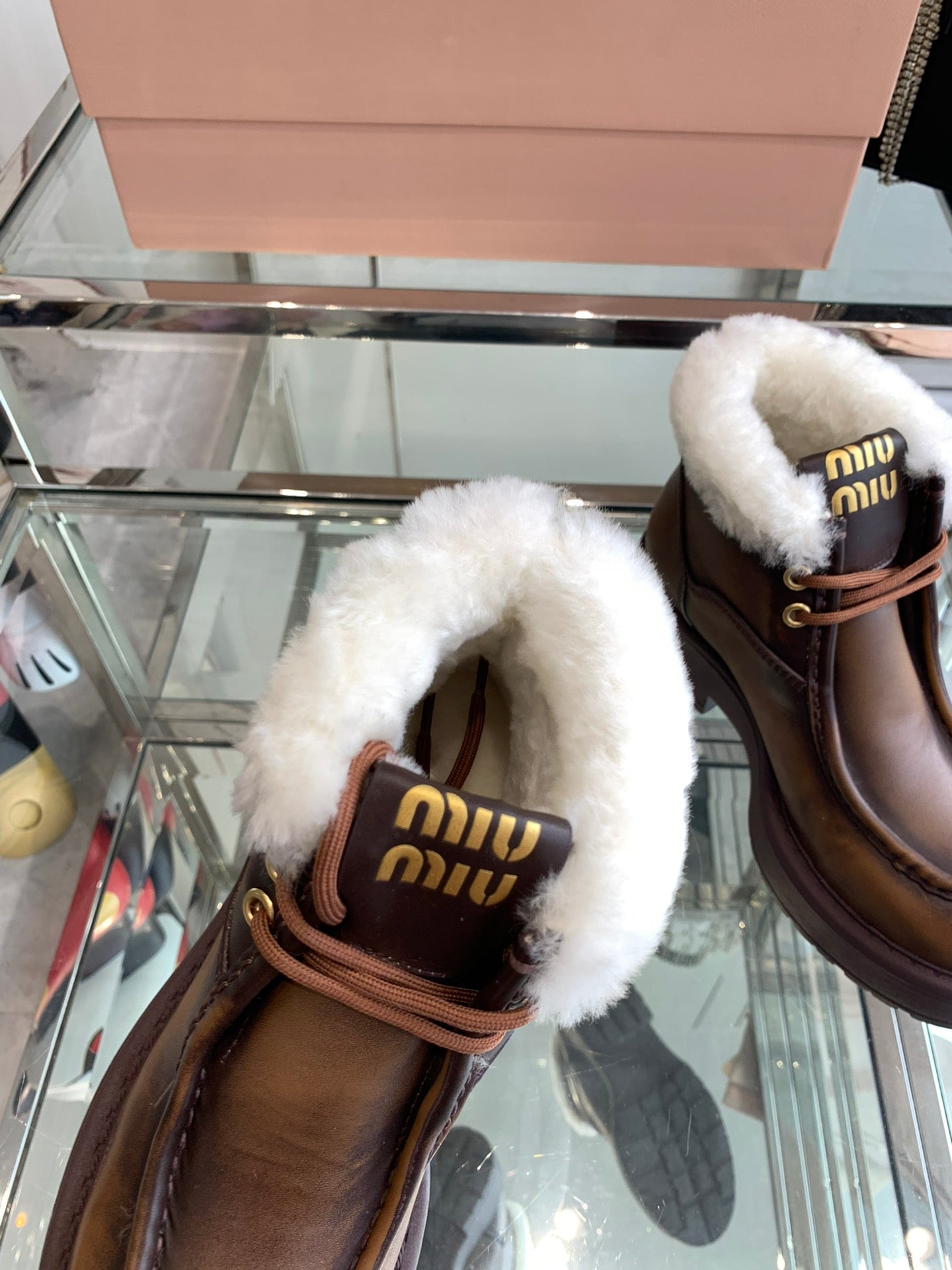 Miu Ankle Boots Earth Brown Open-Hemmed Cowhide