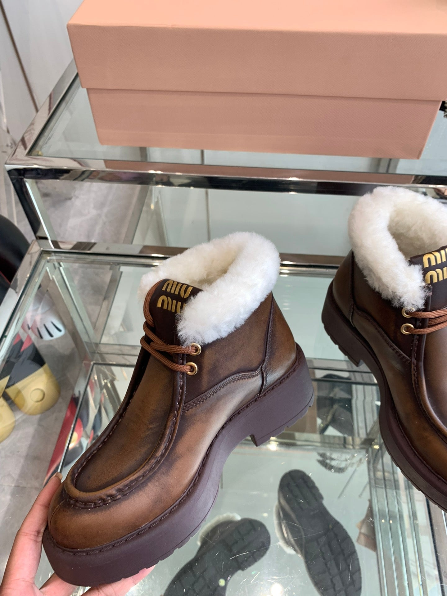 Miu Ankle Boots Earth Brown Open-Hemmed Cowhide