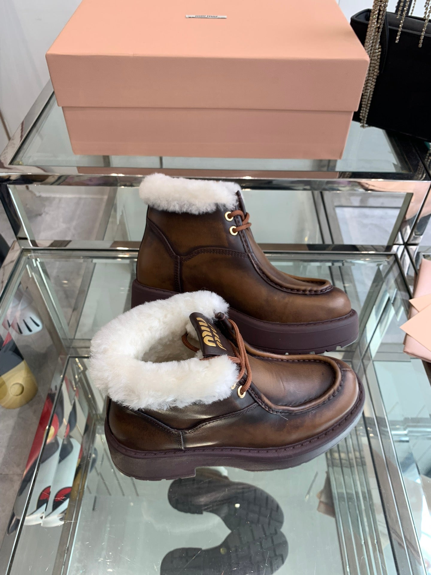 Miu Ankle Boots Earth Brown Open-Hemmed Cowhide