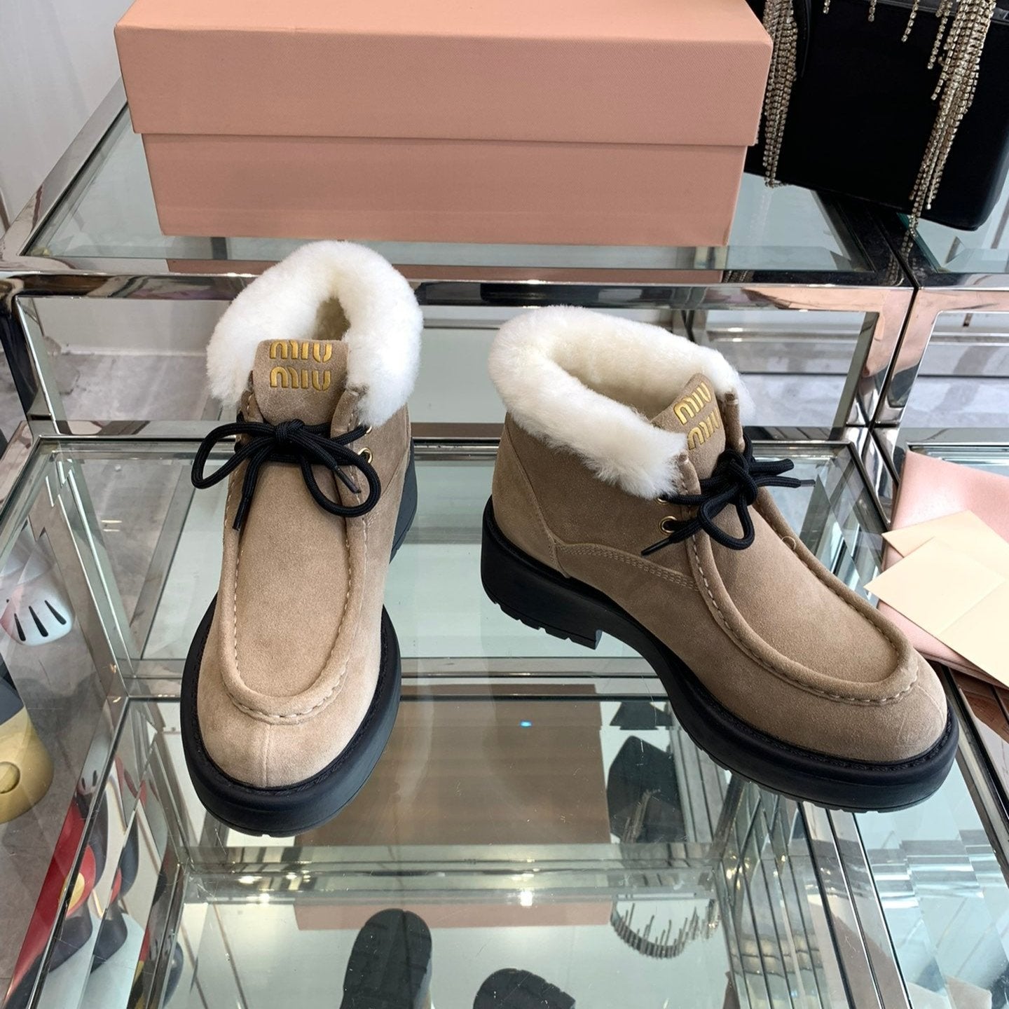 Miu Ankle Boots Khaki Brown Open-Hemmed Cowhide