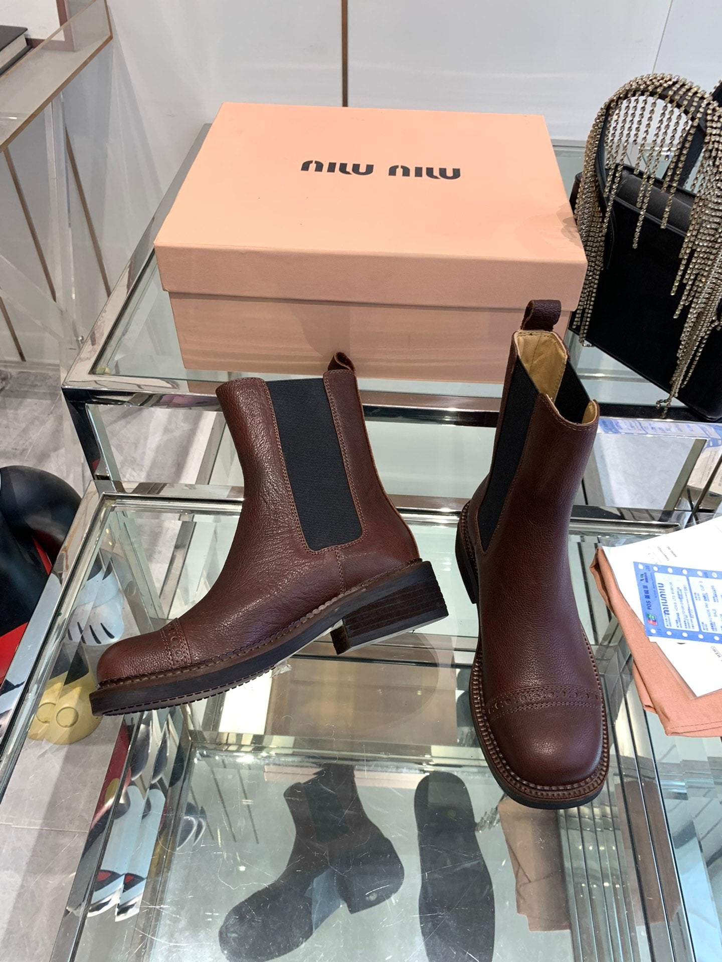 Miu Short Boots Brown Earth Vegetable Blended Cowhide