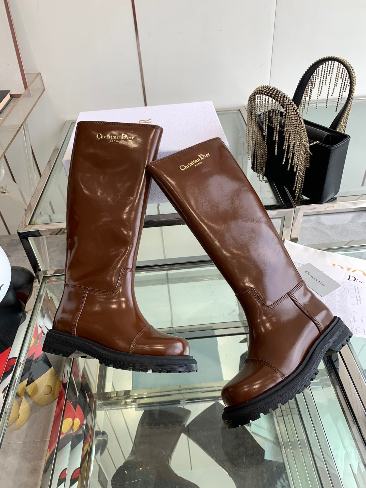 CD Diorebel Boot Glossy Brown Calfskin