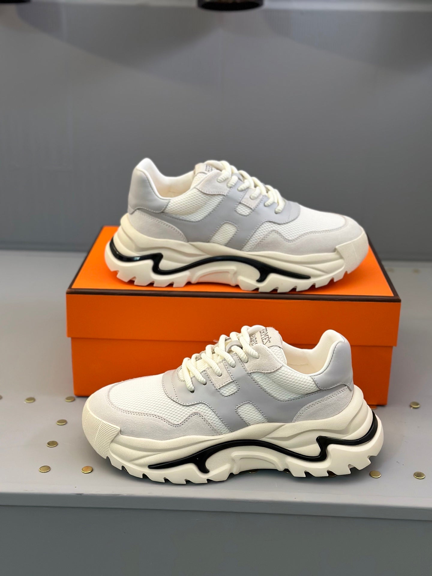 HM Men's Sneaker White Grey Mesh Calfskin 541262