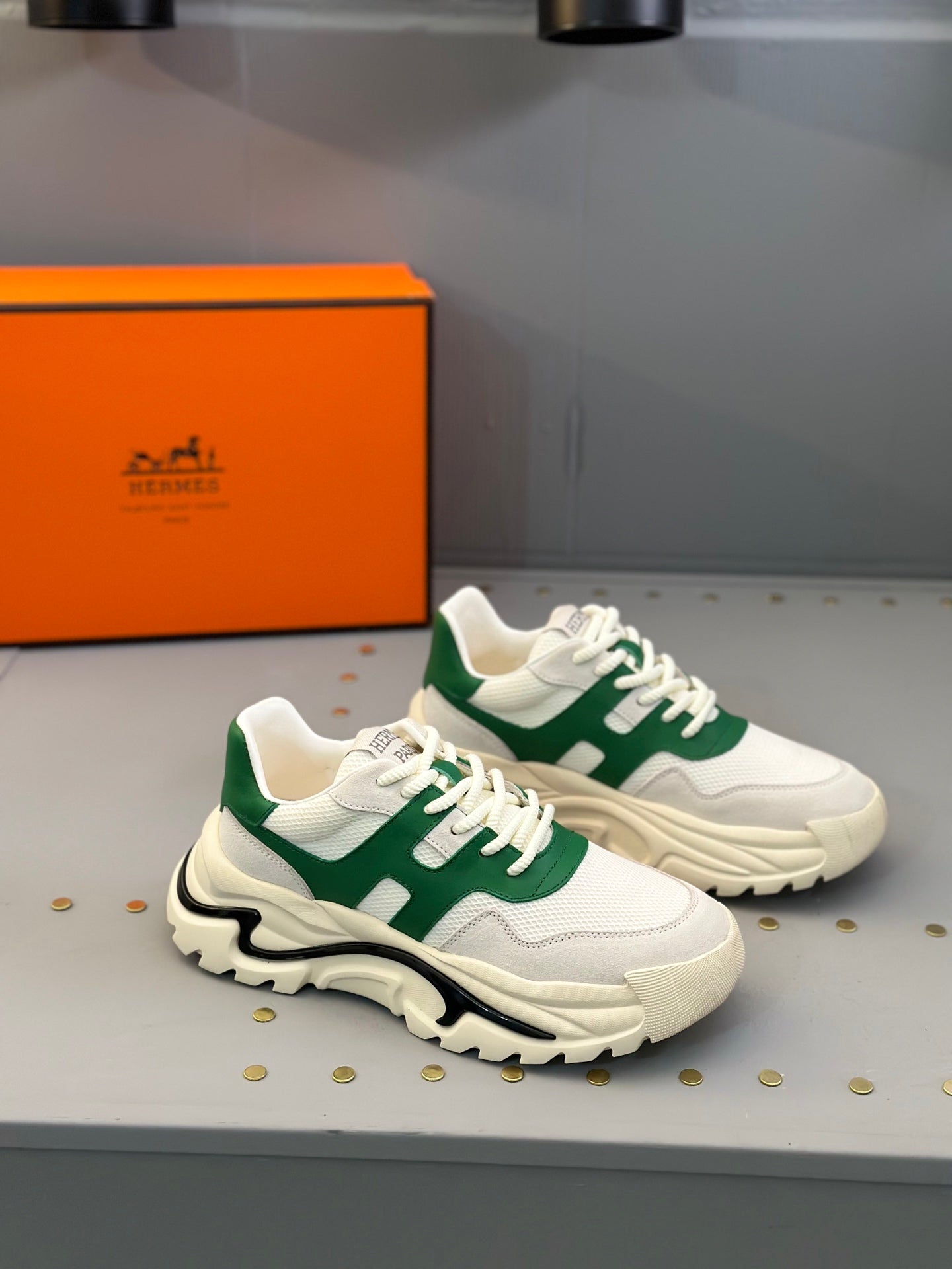 HM Men's Sneaker White Green Mesh Calfskin 541263