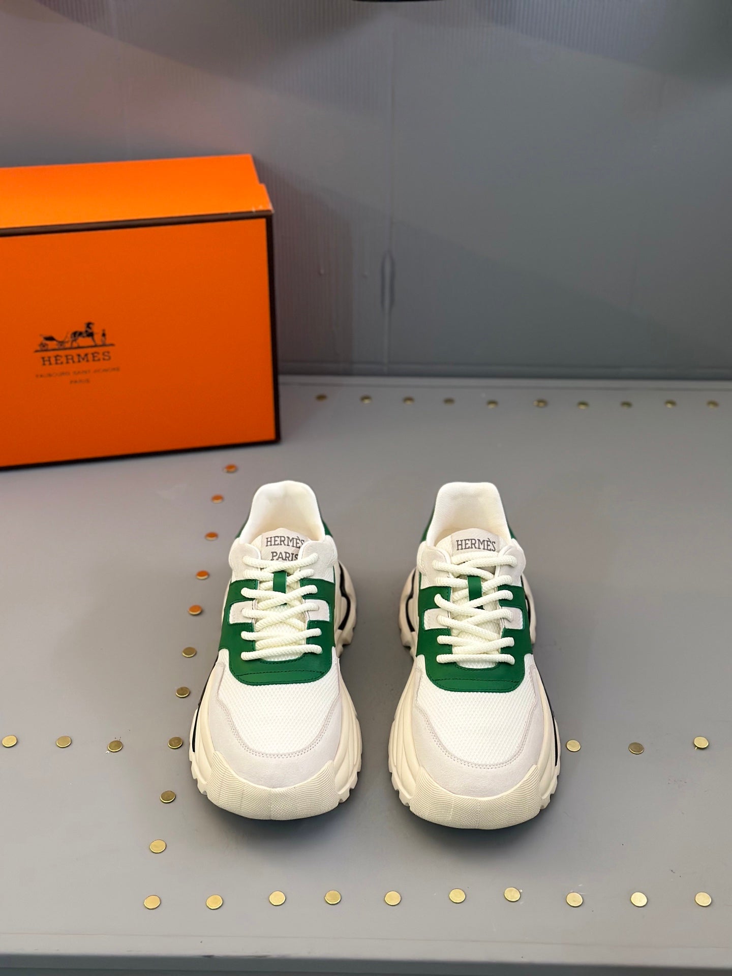 HM Men's Sneaker White Green Mesh Calfskin 541263