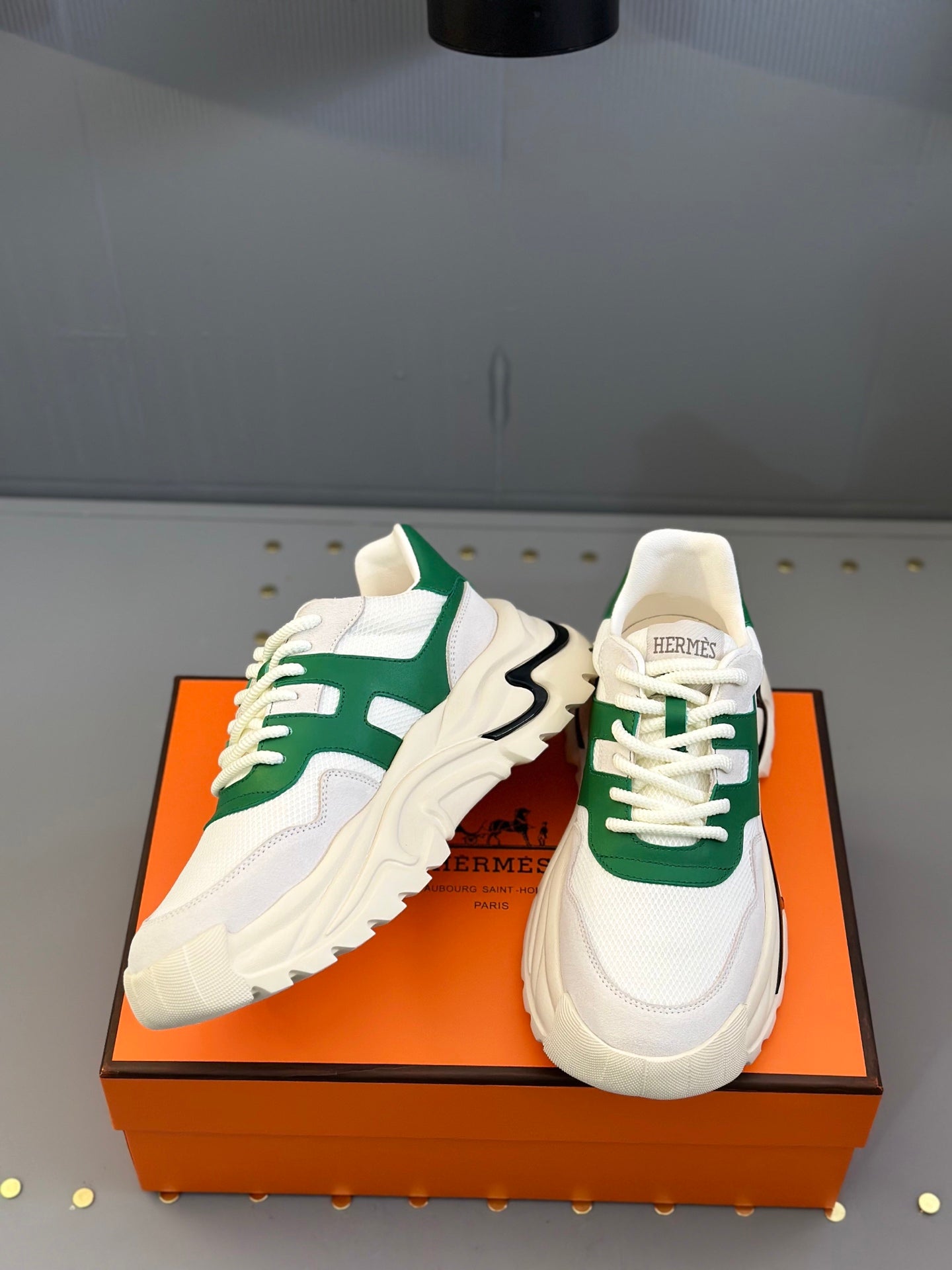 HM Men's Sneaker White Green Mesh Calfskin 541263