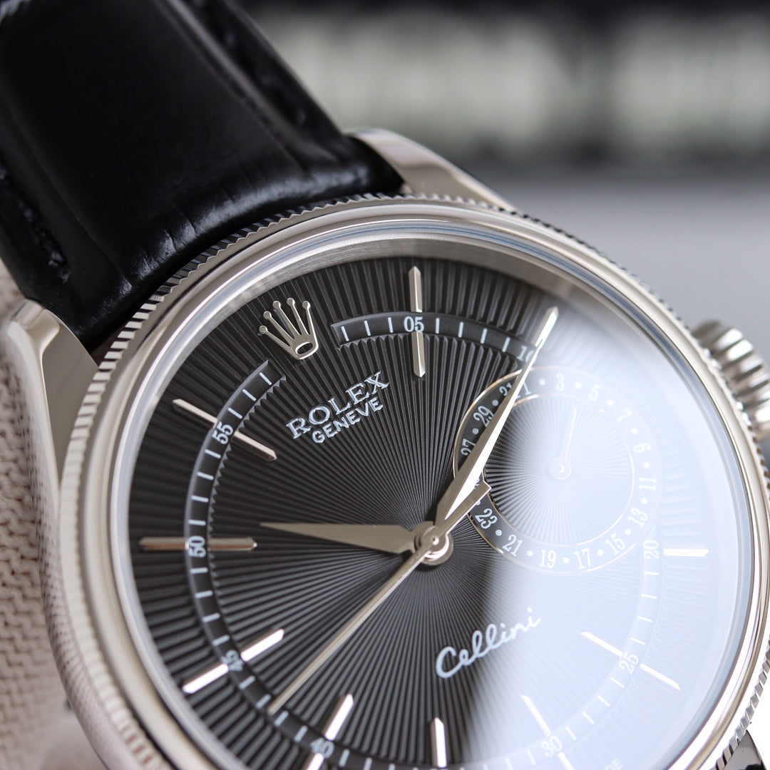 Rolex Cellini 39mm Silver Black Leather