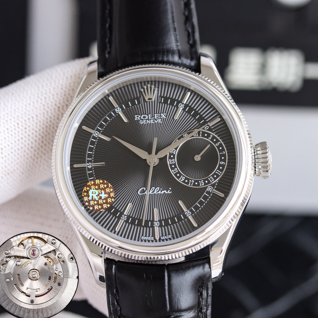 Rolex Cellini 39mm Silver Black Leather